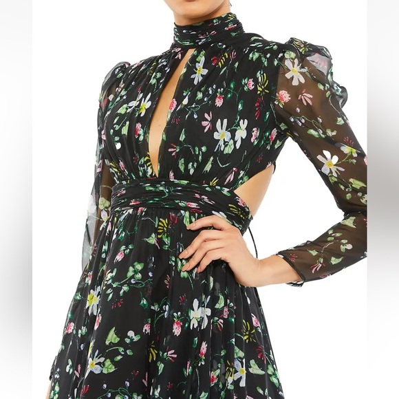 MAC DUGGAL Gown Floral Size 4 Floral Chiffon Cutout Back Open High Neck $600 NWT - Picture 3 of 6